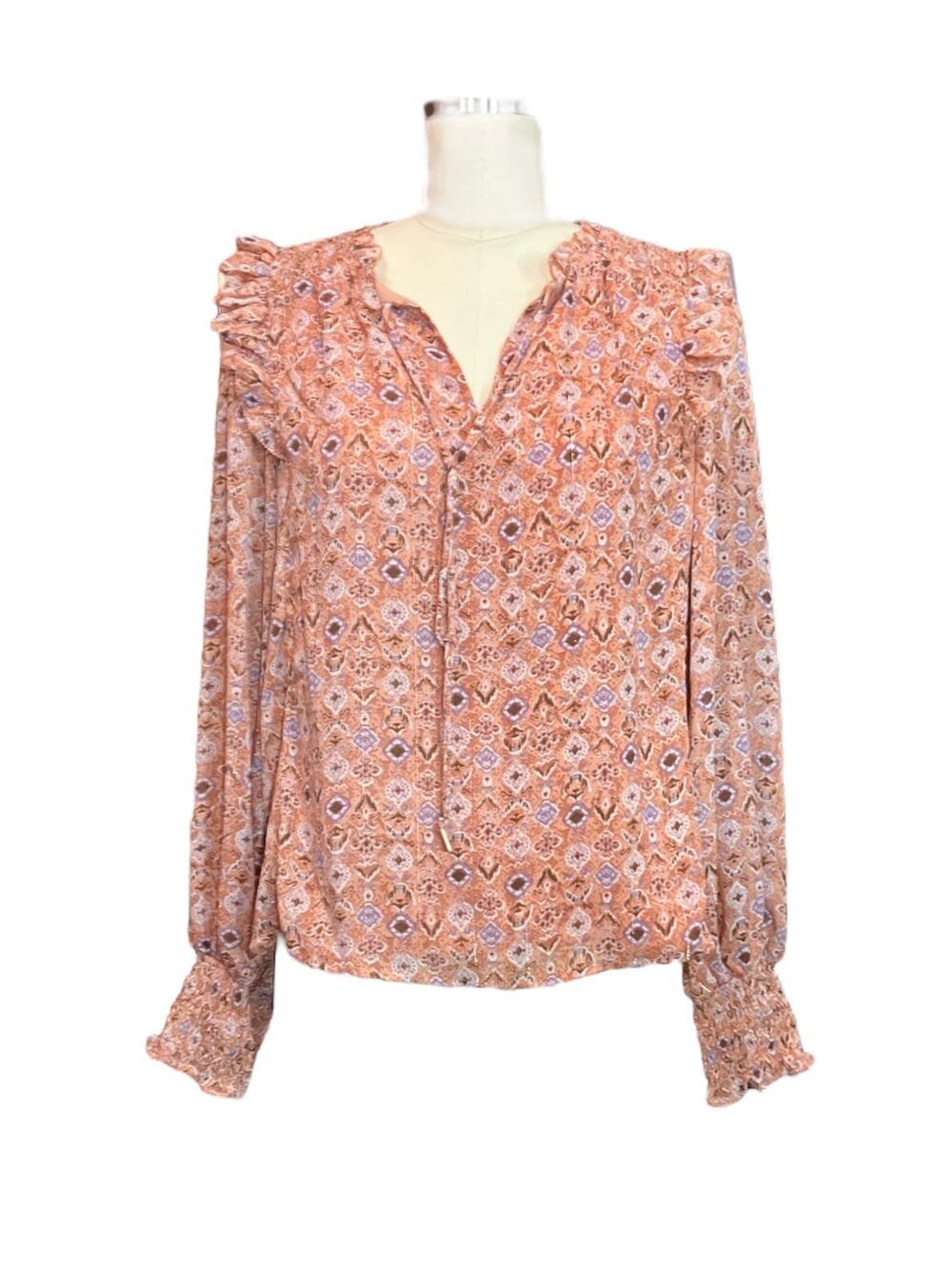 Skies are Blue Women's Multicolor Paisley V-Neck W/ Ruffle Detailing Blouse SZ S
